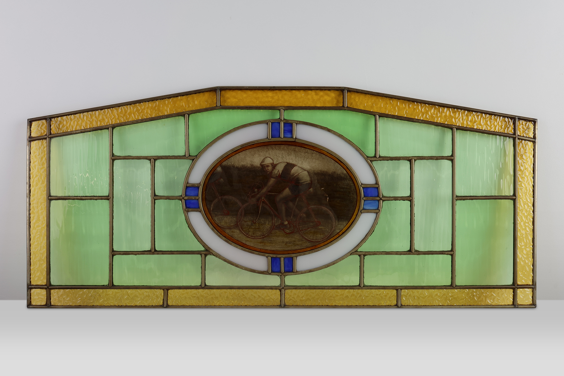 Art Deco Stained Glass Panel Depicting Cyclists in Motion, Belgium ca. 1910thumbnail